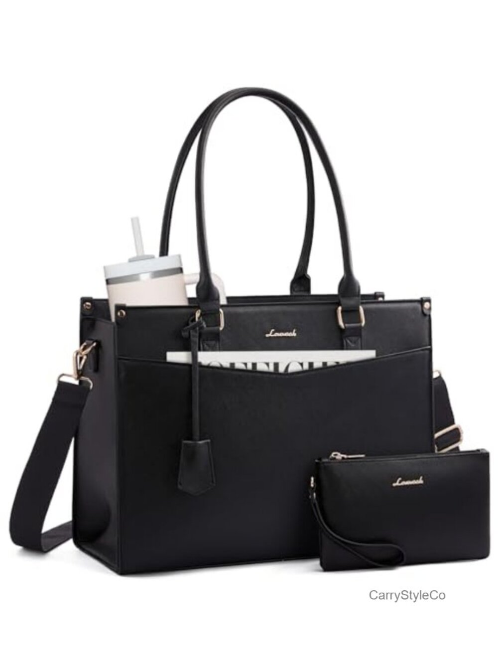 LOVEVOOK 2-in-1 Faux Leather Laptop Tote Bag with Clutch, Fits 15.6 Inch,